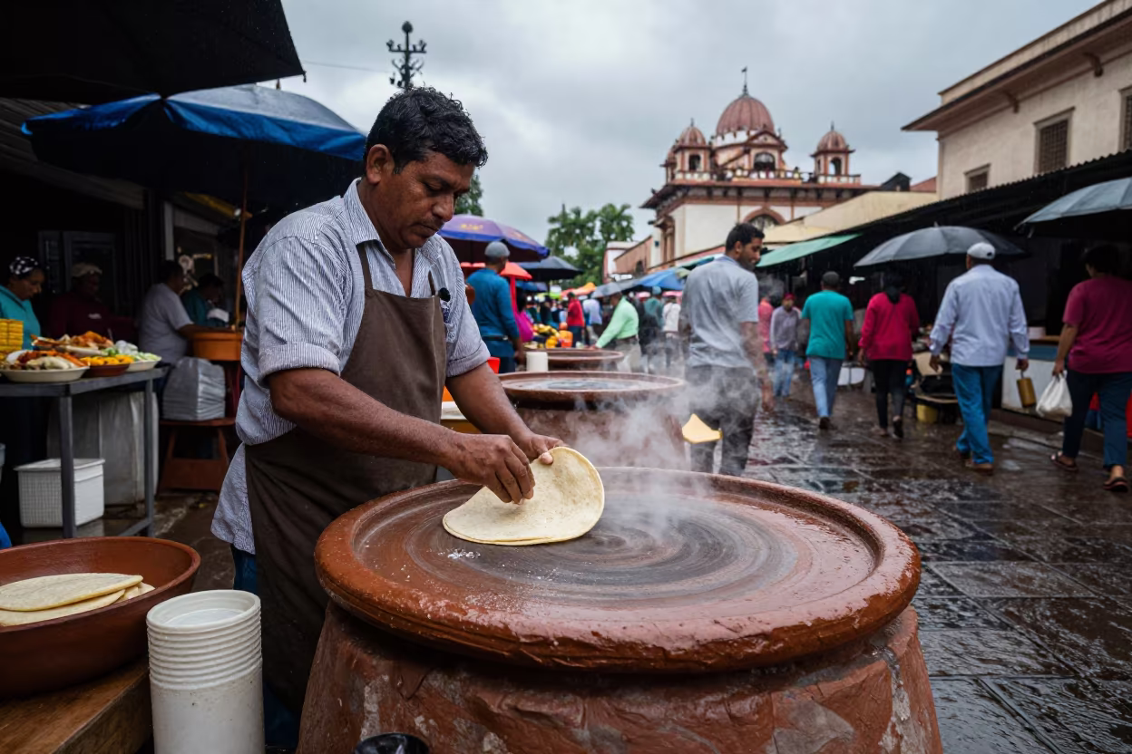 Oaxacan Tortilla Vendor in Thiruvananthapuram Market in in a flea market lane in Thiruvananthapuram