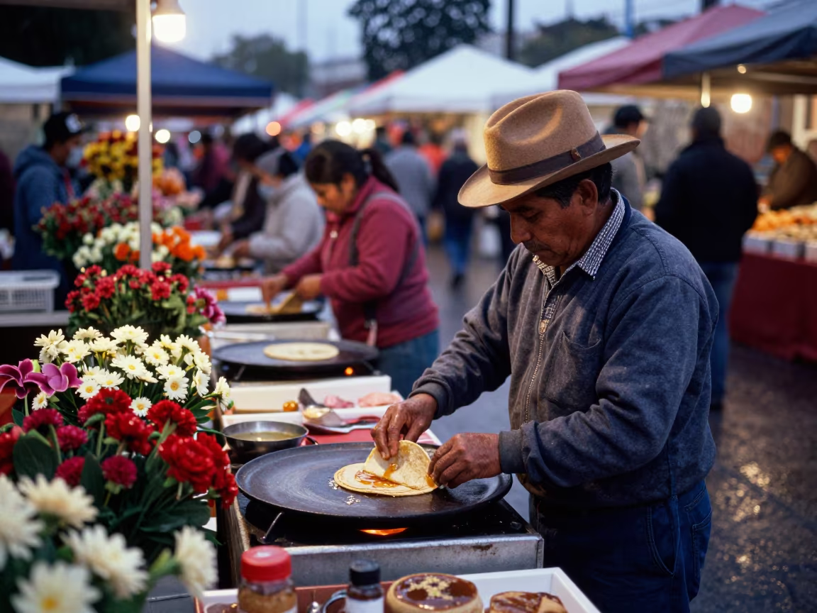 Oaxacan Vendor Shapes Tortillas at Canberra Market in at a flower auction bench in Canberra