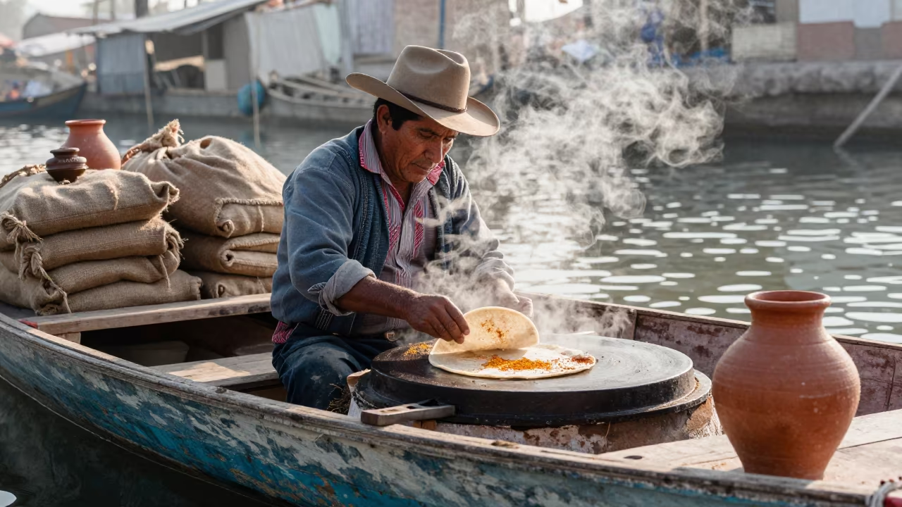Oaxacan Vendor Shapes Tortillas on Misty Market Boat in at a floating market boat in Grand-Zattry