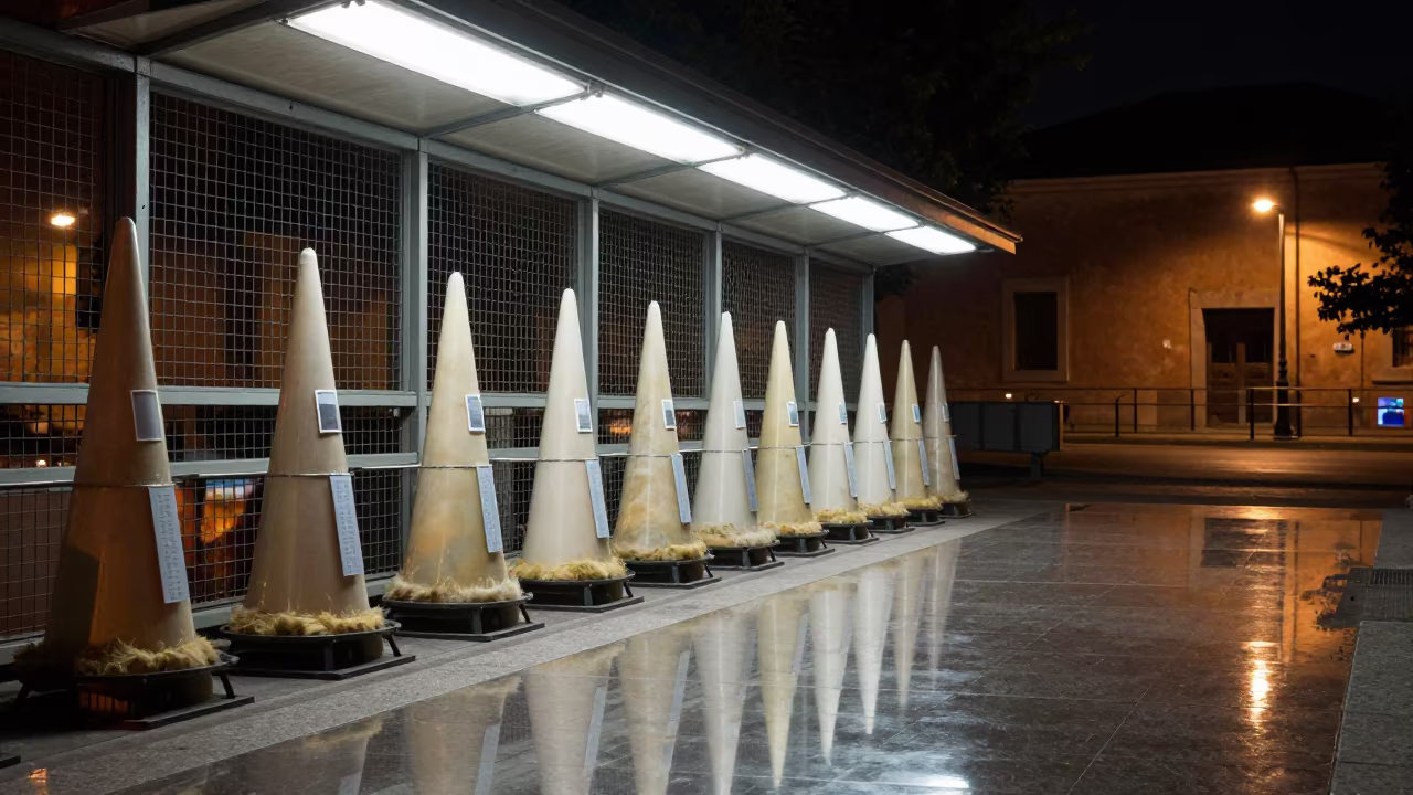 Obedience Cone Caddy in Verona Night Spill in inside a skylit passageway near Verona