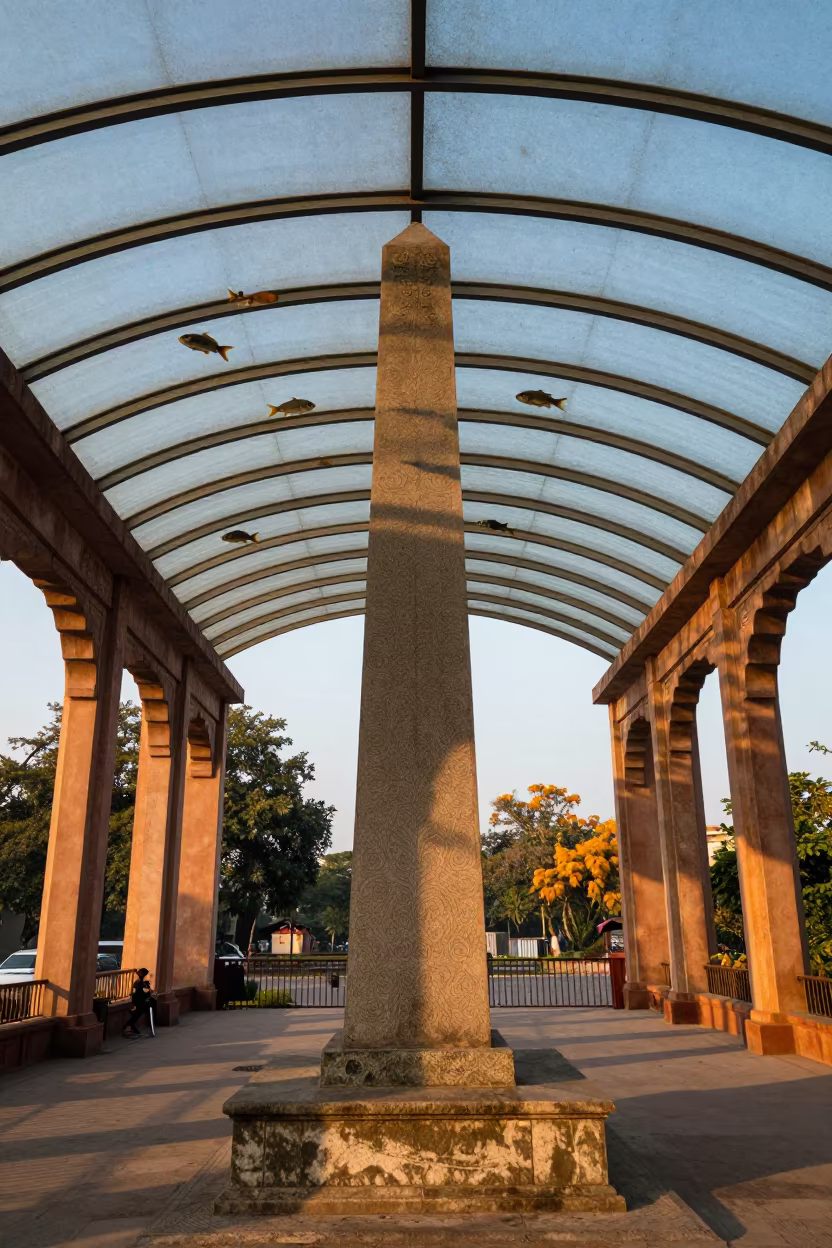 Obelisk and Tropical Fish in Glass Arcade in inside a glass-roofed arcade near Prayagraj
