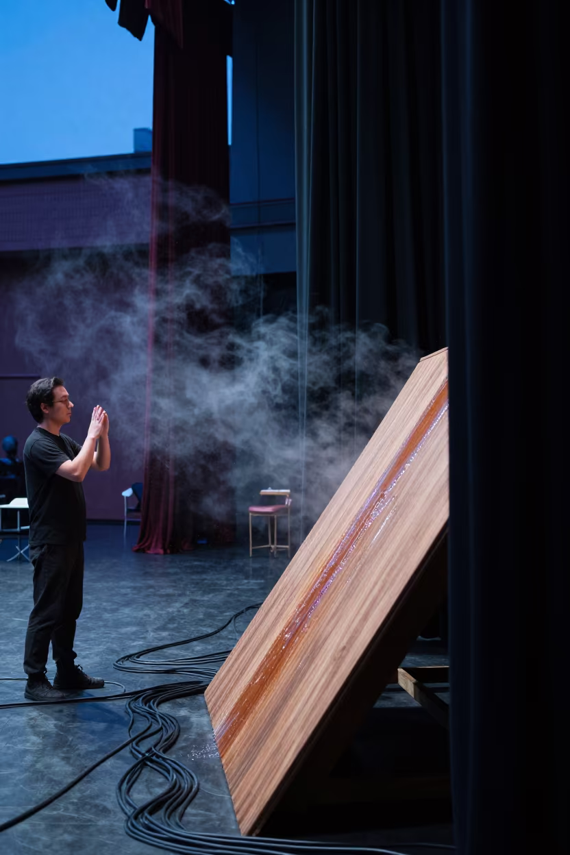 Oboist Warming Up Backstage Indigo Light in on a theater stage in Chaman