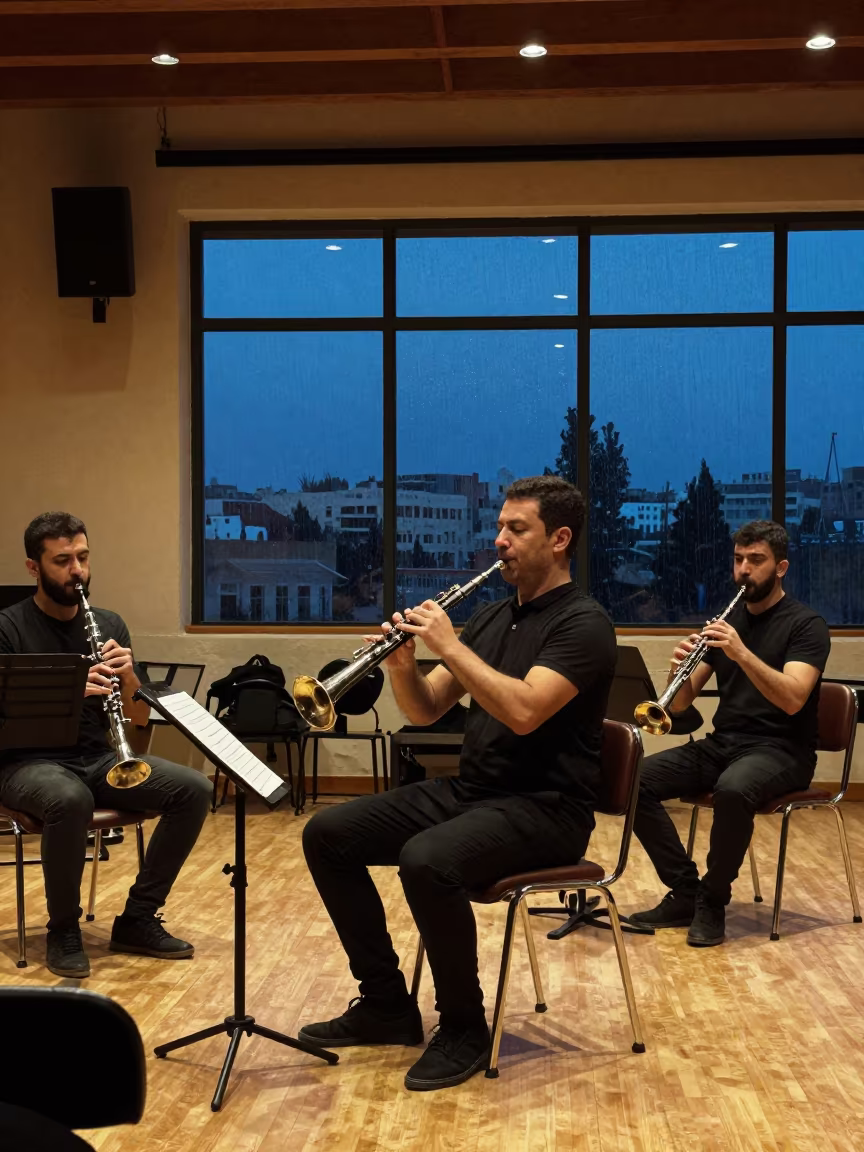 Oboist Warming Up in Aleppo Rehearsal Room in in a rehearsal room in Aleppo