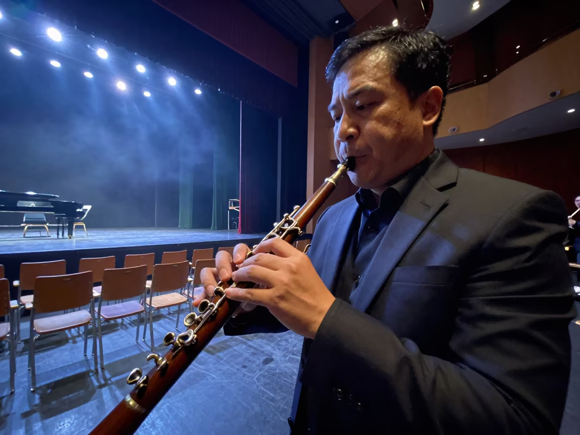 Oboist Warming Up in Da Nang Concert Hall in in a concert hall in Da Nang