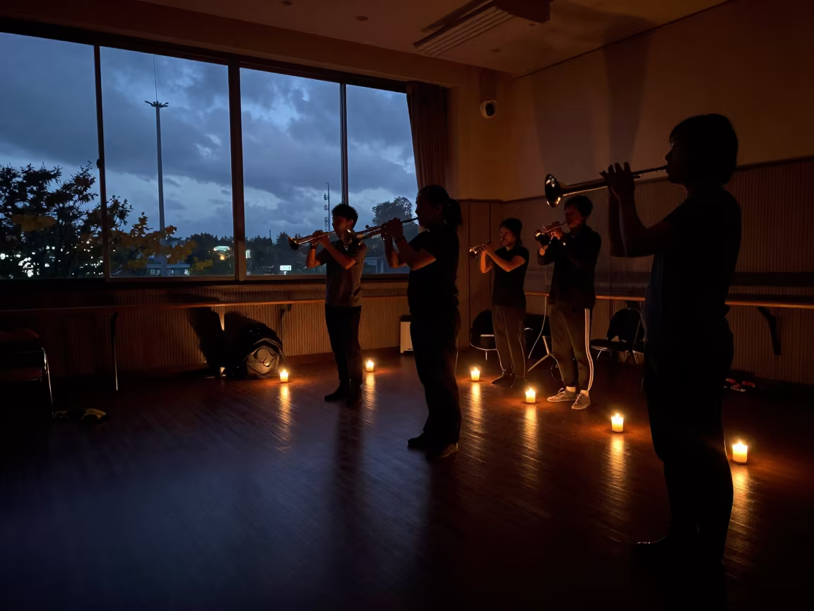 Oboist Warming Up in Predawn Candlelight in in a rehearsal room in Taoyuan