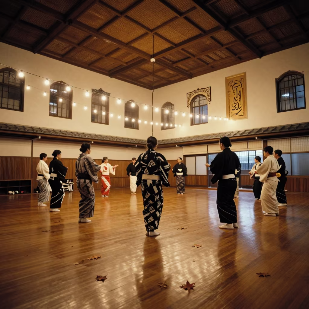 Obon Circle in Kyoto Mosque Before Dawn in in a mosque prayer hall in Kiyomizu, Kyoto