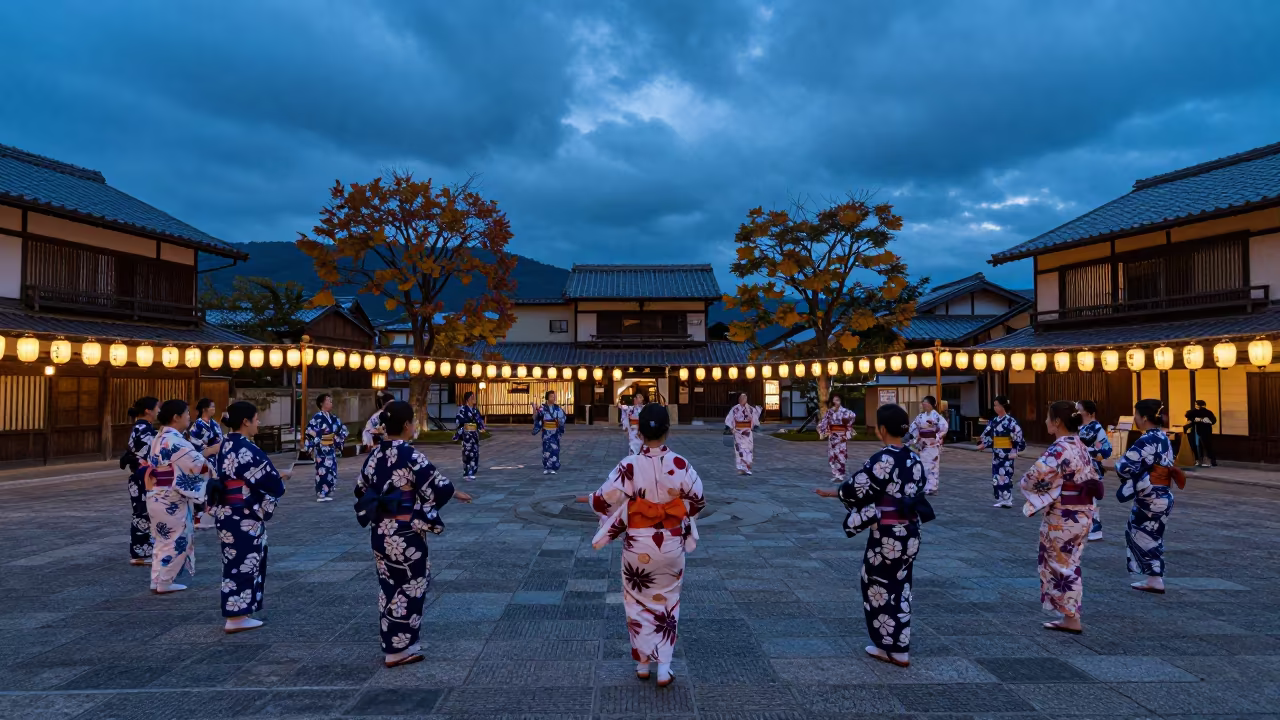 Obon Dance Circle Lanterns Kanazawa Evening in at a public square during a festival in Kanazawa