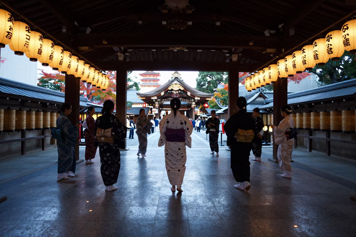 Obon Dance Circle Under Lanterns at Kyoto Shrine in beside a prayer wheel corridor in Kyoto