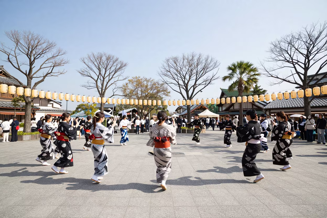 Obon Dance Circle with Lanterns in Osaka Square in at a public square during a festival near Osaka