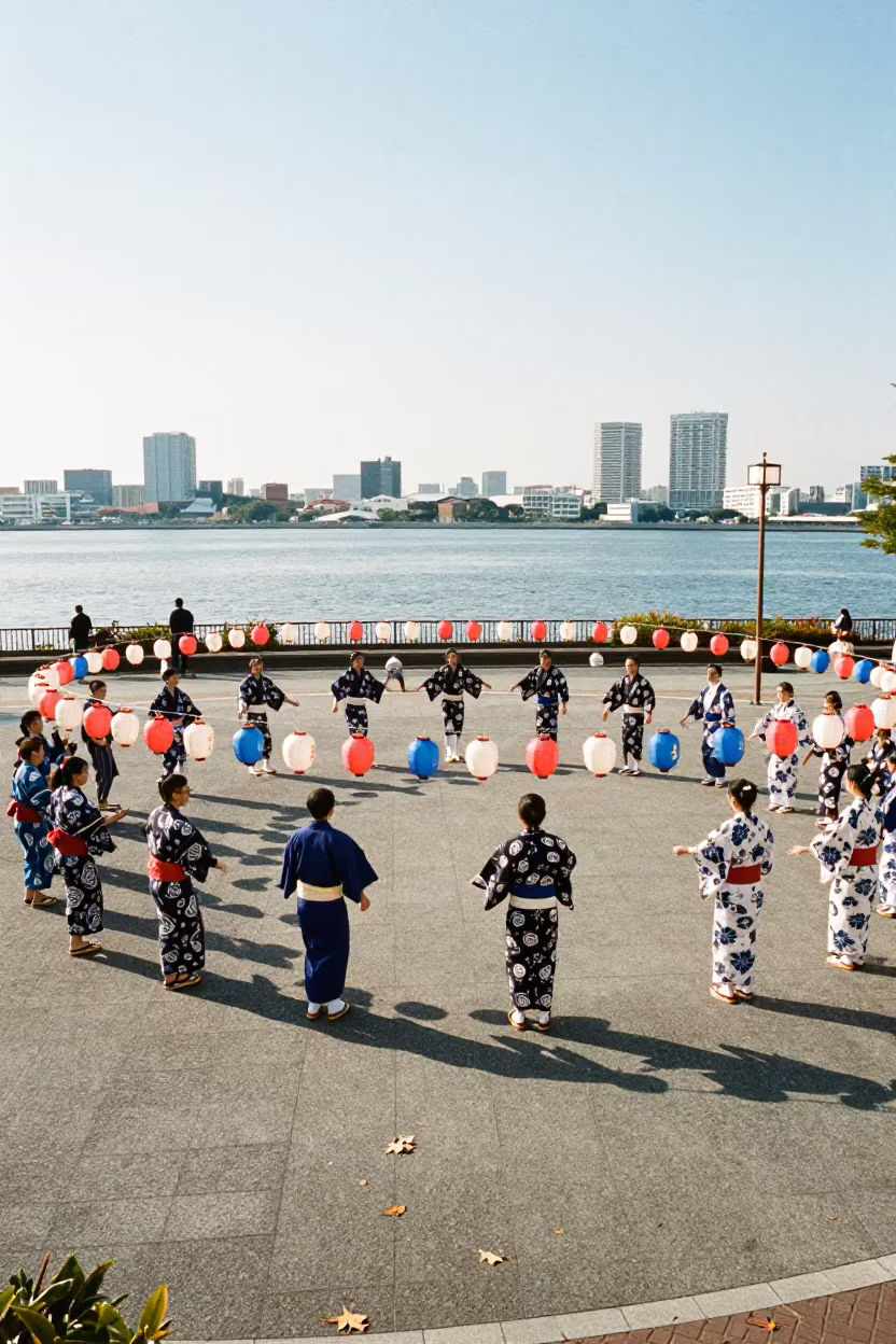 Obon Dance Circle Lanterns Shinjuku Waterfront Noon in at a waterfront celebration in Shinjuku, Tokyo