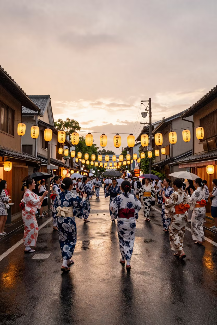 Obon Dance Circle Lanterns Tokyo Dusk Rain in at a festival street procession in Tokyo
