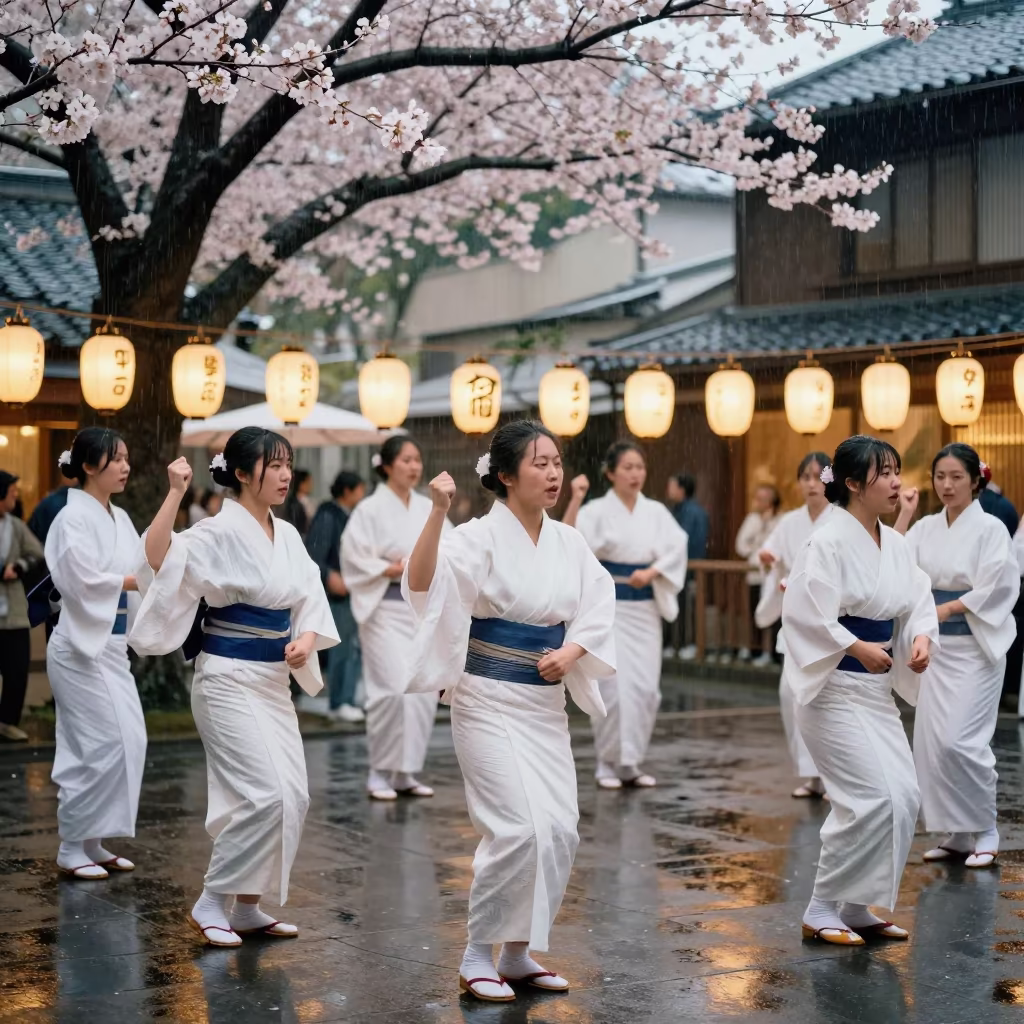 Obon Dance Circle Under Late Spring Rain in at a festival street procession near Ueno, Tokyo