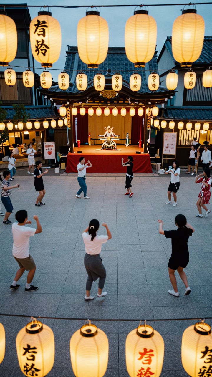 Obon Dance Circle with Paper Lanterns in Honeyed Evening Light Osaka Japan in in Osaka, Japan