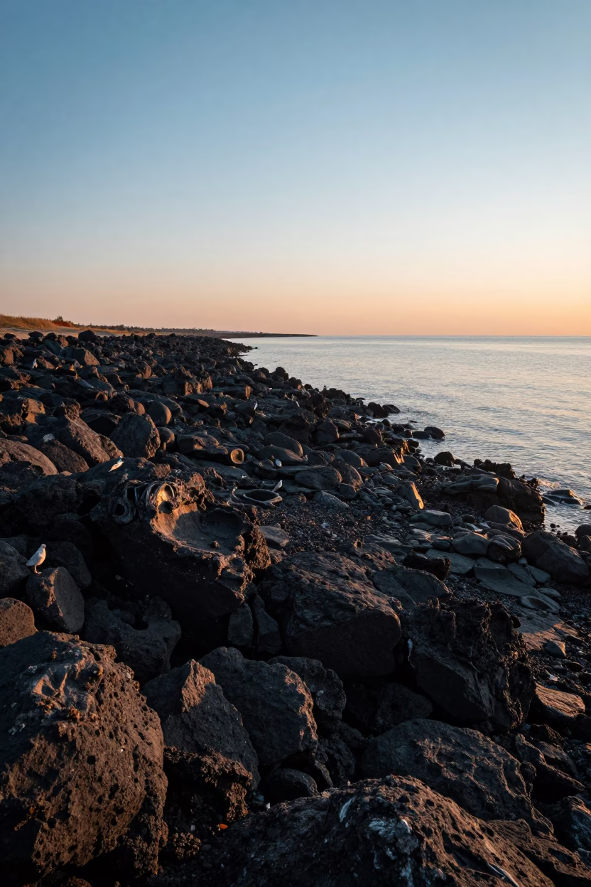 Obsidian Flow Field Kashmir Shoreline Sunset in along a wave-cut shoreline in Kashmir