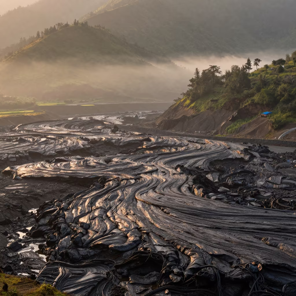 Obsidian Flow Field Over Kathmandu Foothills in from a ridge above layered foothills near Kathmandu
