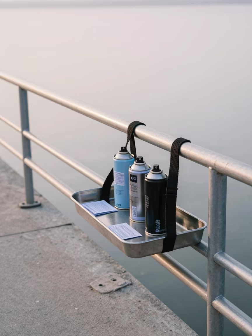OC Spray Can Tray on Pier Railing at Dawn in on a pier railing in Swabi