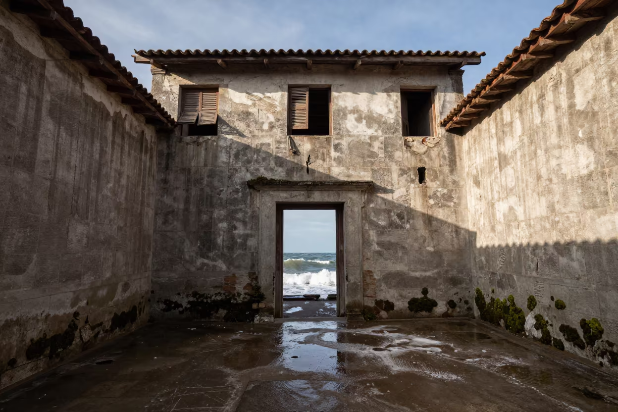 Ocean Doorway in Abandoned Andean Hotel Ruin in inside a roofless nave near Quito