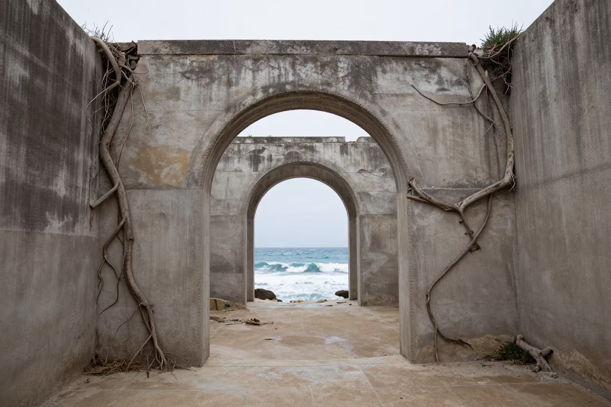 Ocean Doorway in Cypriot Ruin in inside a roofless nave in Cyprus