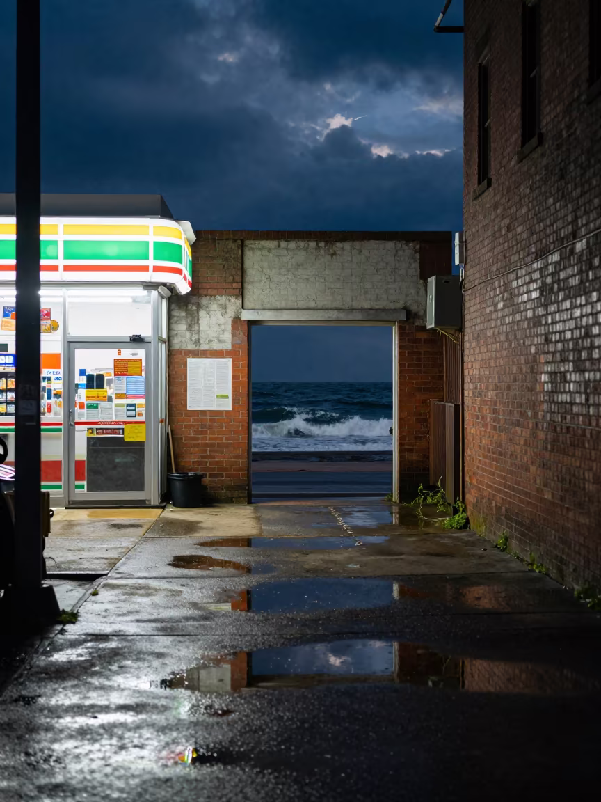 Ocean Doorway in Jacksonville Alley Night in outside a fluorescent convenience store in Jacksonville