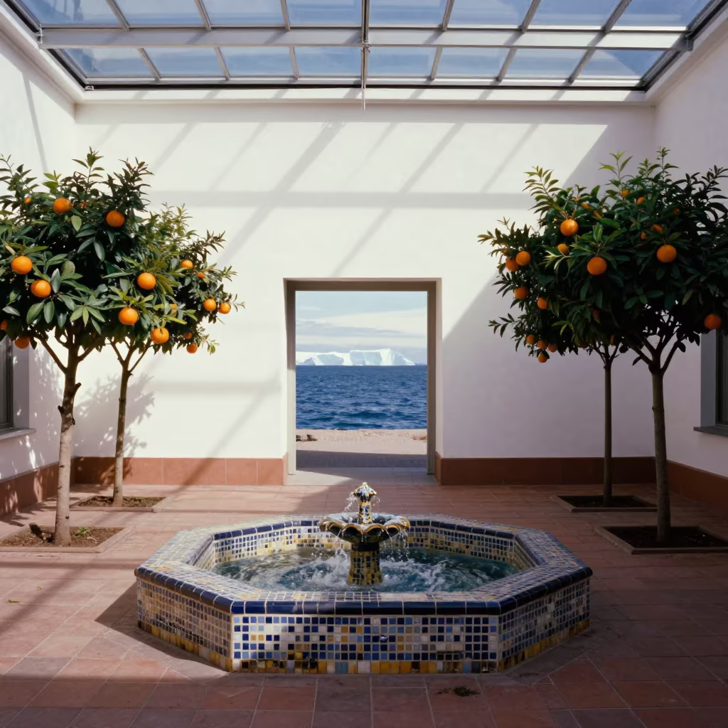 Ocean Doorway Mosaic Fountain Espoo in inside a skylit passageway in Espoo