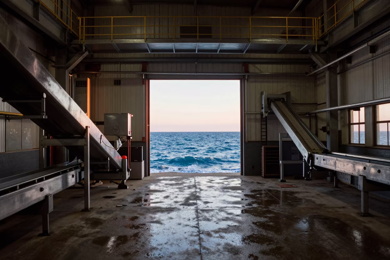 Ocean Doorway in Thunder Bay Paper Mill Hall in inside a packing hall with stainless conveyors near Thunder Bay