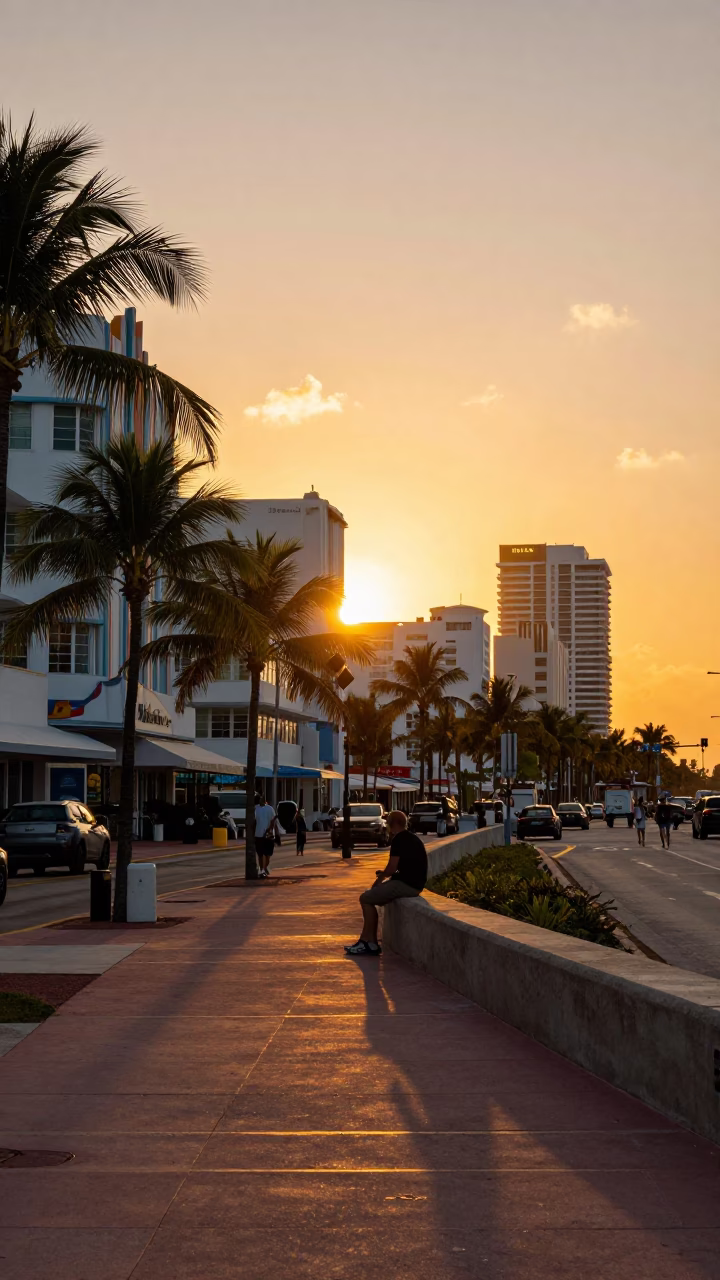 Ocean Drive in Miami at Sunset Light in in Miami, Florida, United States