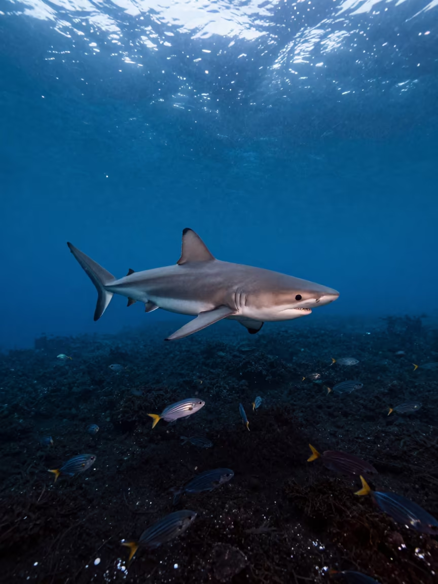 Oceanic Whitetip Shark and Pilot Fish Near Volcanic Drop-off in beside a volcanic drop-off near Kala Ghoda, Mumbai