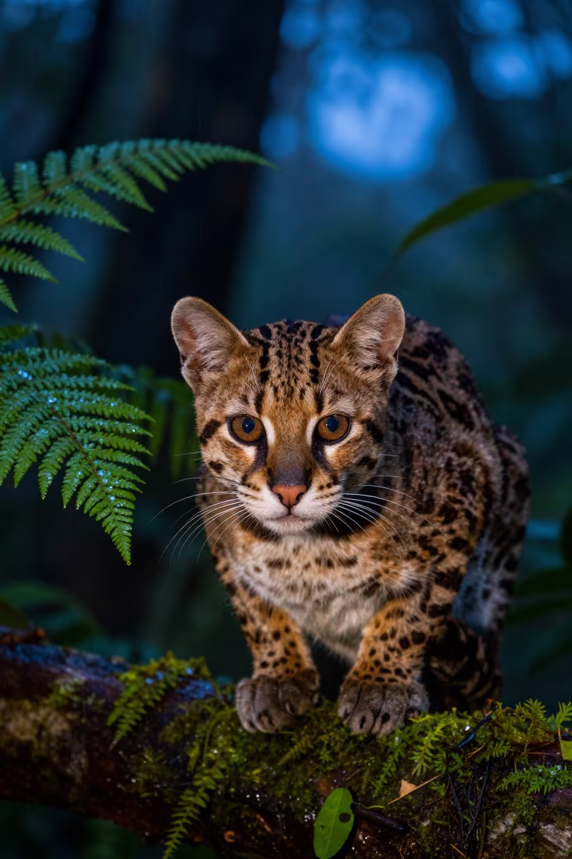 Ocelot on Branch in Cloud Forest Blue Hour in along a game trail near Morelia