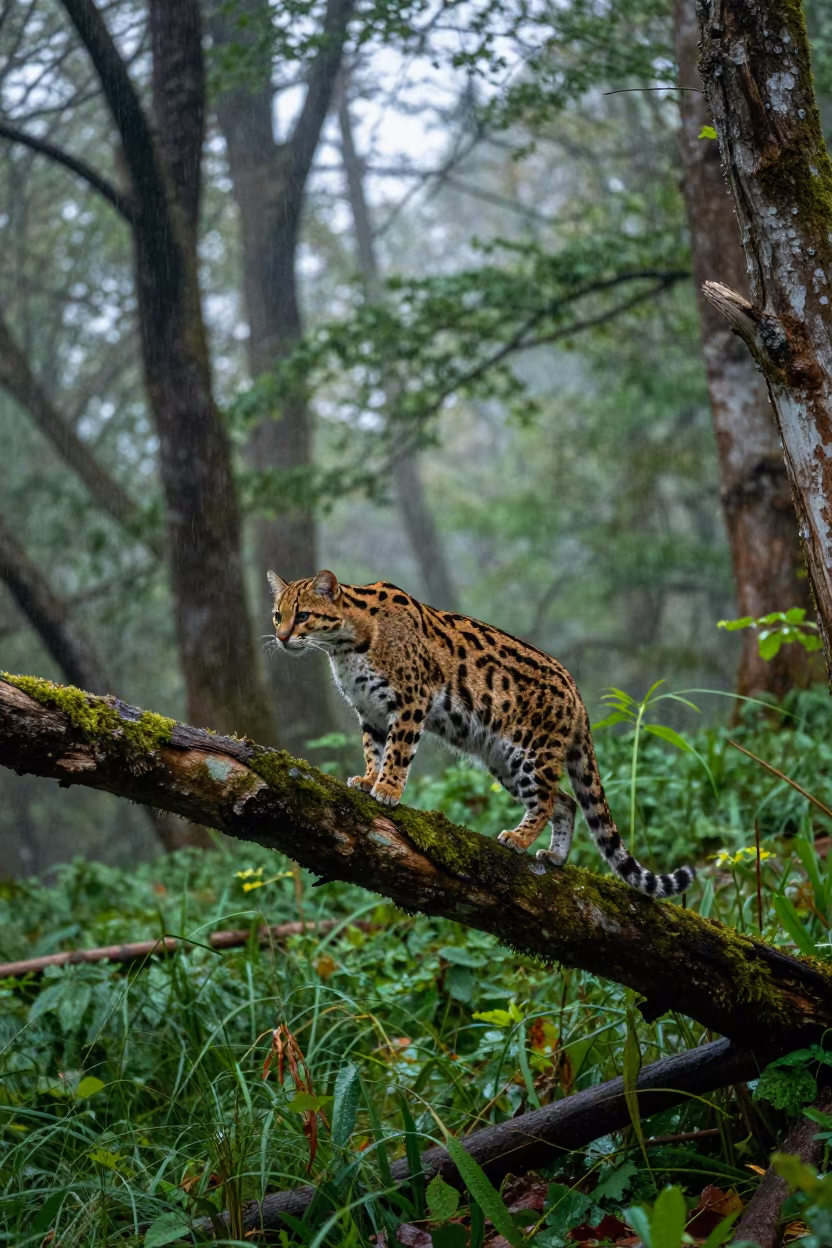 Ocelot perched on branch in Veneto cloud forest in in Veneto