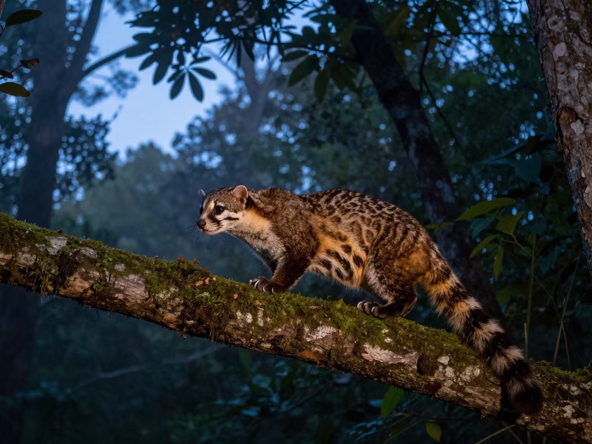 Ocelot Perched on Branch in Arkansas Twilight in in Arkansas