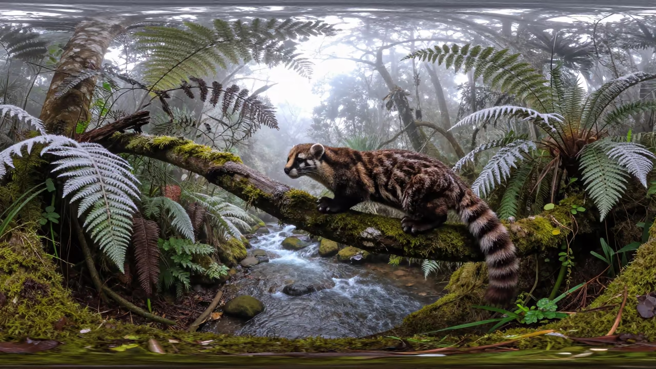 Ocelot Perched on Branch Above Glacial Stream in above a glacial stream in Piedmont