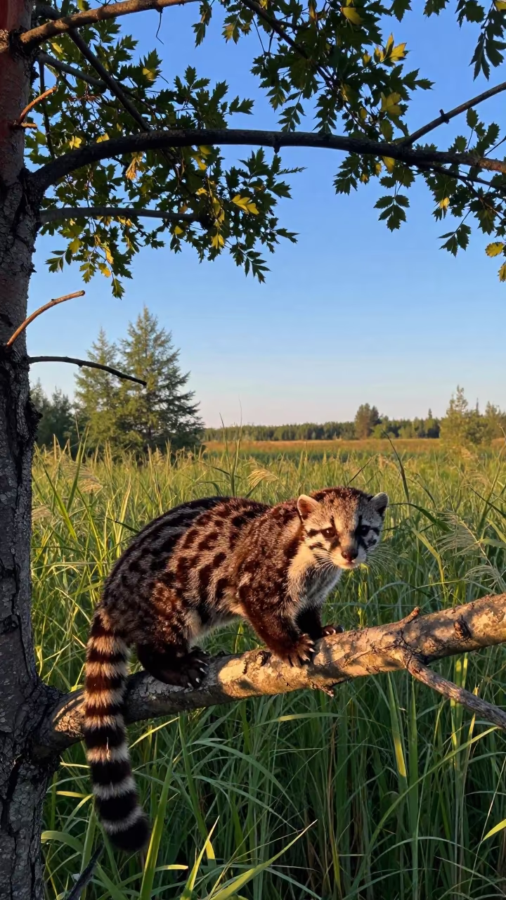 Ocelot Perched on Branch in Siberian Reed Bed in at the edge of a reed bed in Siberia