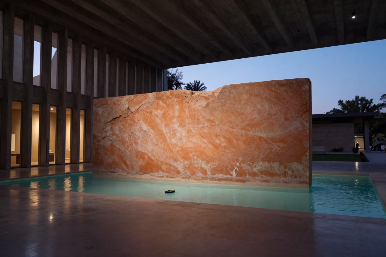 Ochre Sandstone Meets Turquoise Water in Jujuy Lobby in inside a ribbed concrete lobby in San Salvador de Jujuy