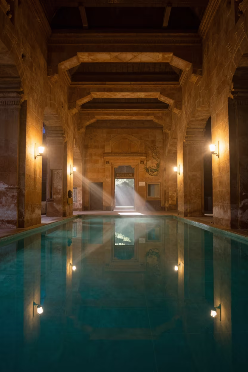Ochre Sandstone Turquoise Water Indoor Night in inside a restored train terminal in İzmit