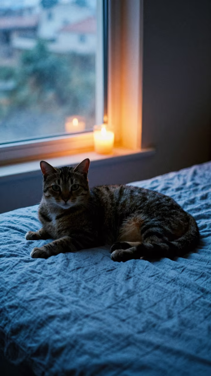 Ocicat Lounging on Bedspread in Winter Evening in on a bedspread near a bright window with calm indoor light in Xiamen