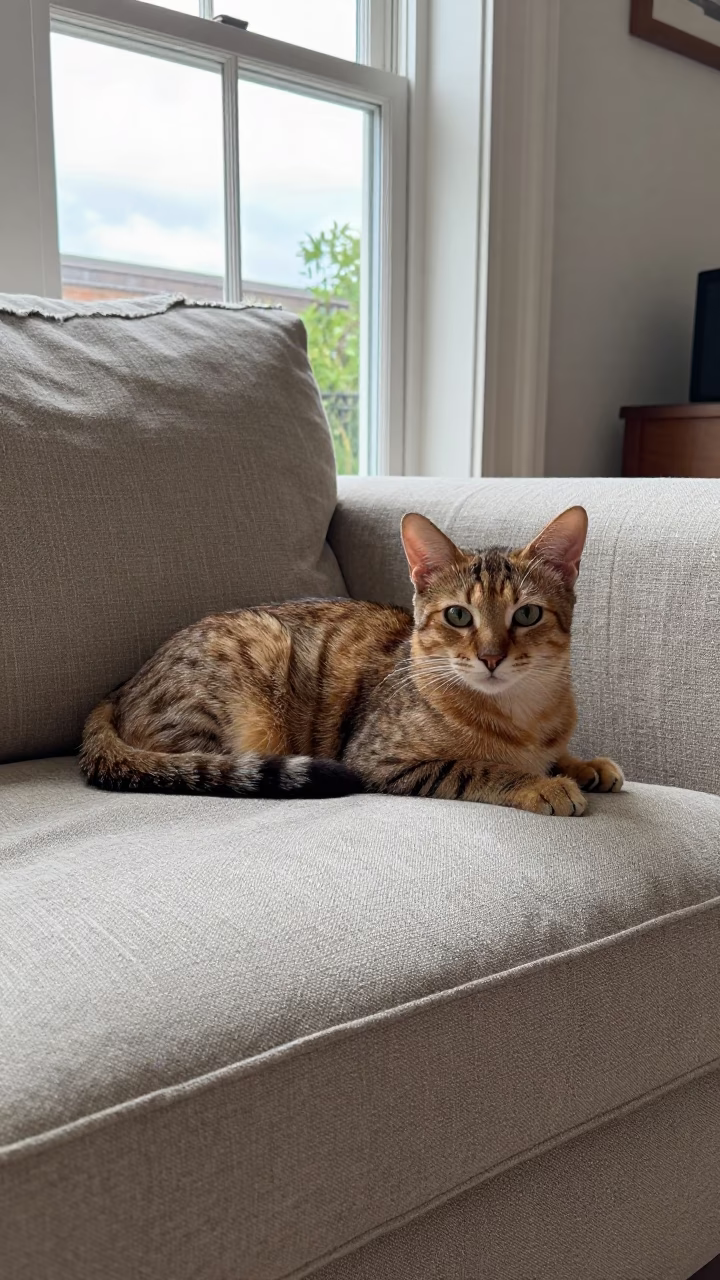 Ocicat Lounging on Linen Sofa Near Cardiff Window in on a linen sofa with daylight from a nearby window near Cardiff