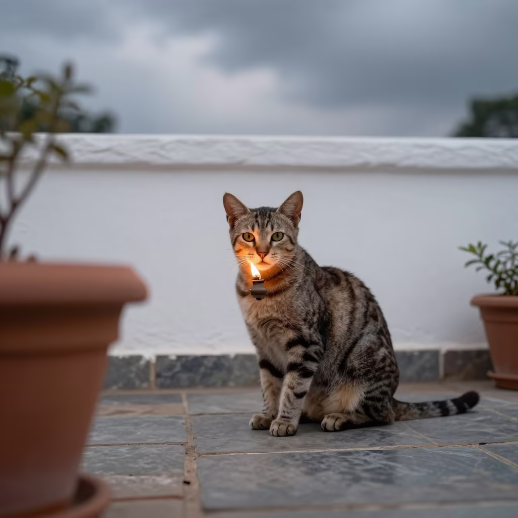 Ocicat on Shaded Porch in Jamnagar Courtyard in beside a plain courtyard wall in clear daylight with the animal at eye level in Jamnagar