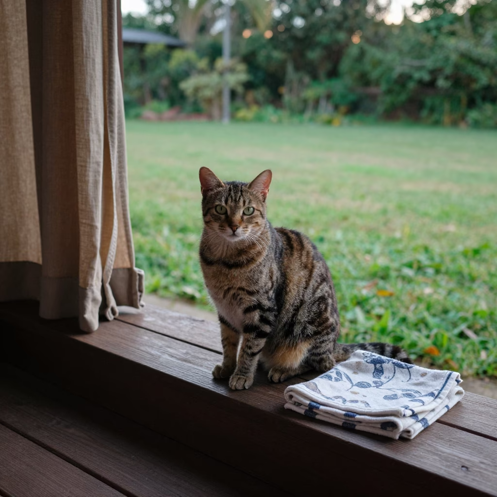 Ocicat on Shaded Porch Near Latina Yard in in a small yard with clipped grass, calm light, and the animal centered in frame near Latina