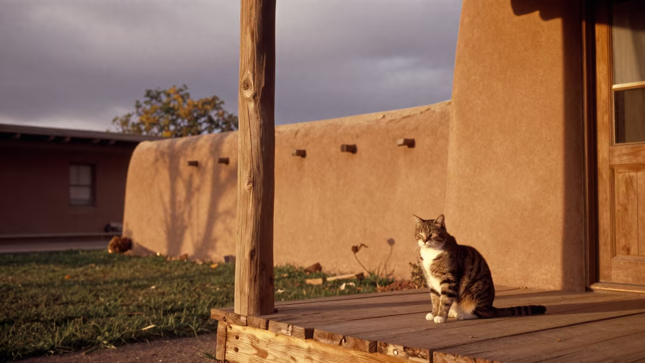 Ocicat on Shaded Santa Fe Porch in Early Autumn in in a small yard with clipped grass, calm light, and the animal centered in frame in Santa Fe