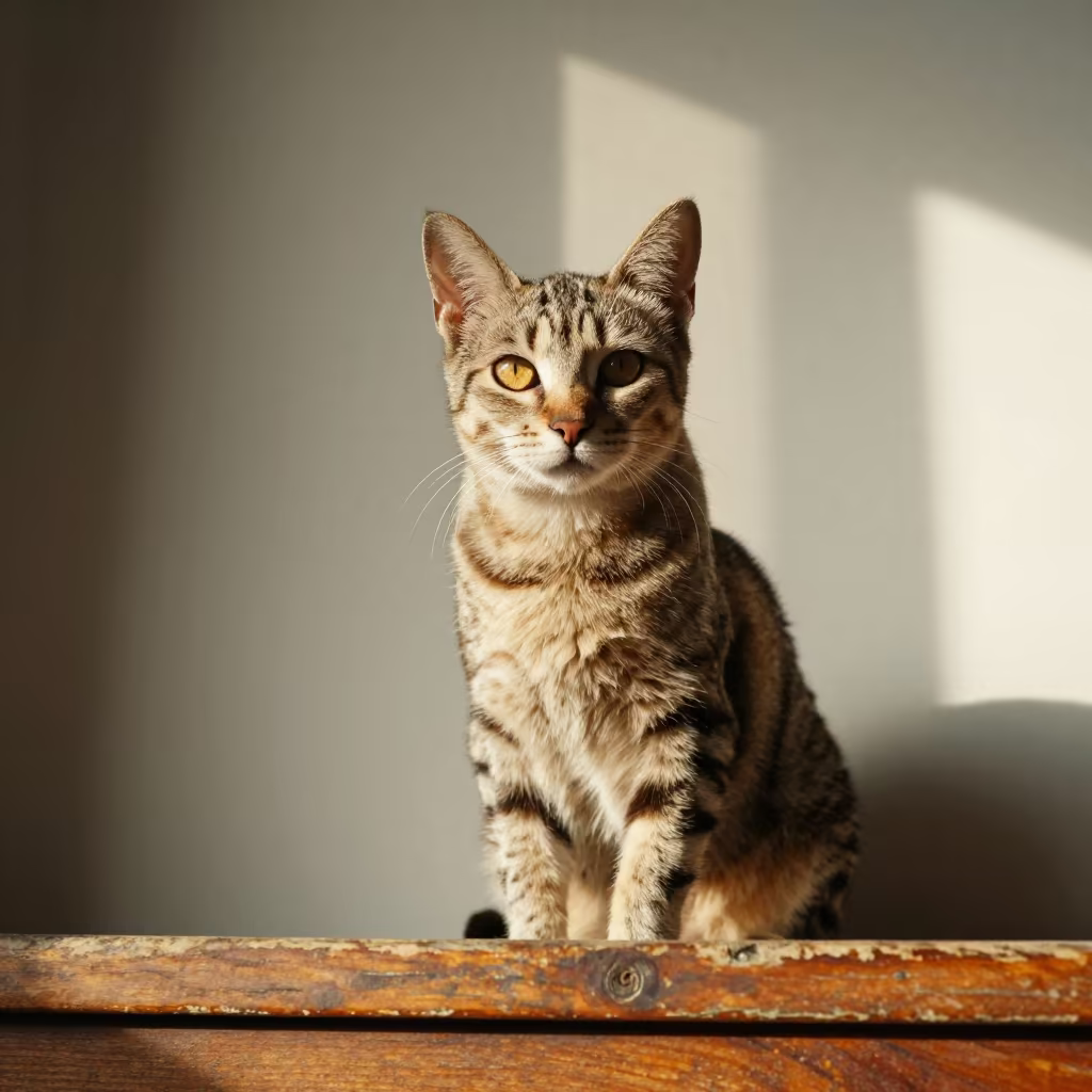 Ocicat Portrait Beside Plaster Wall in Changsha in beside a plain plaster wall in soft indoor light with the animal centered in frame in Changsha