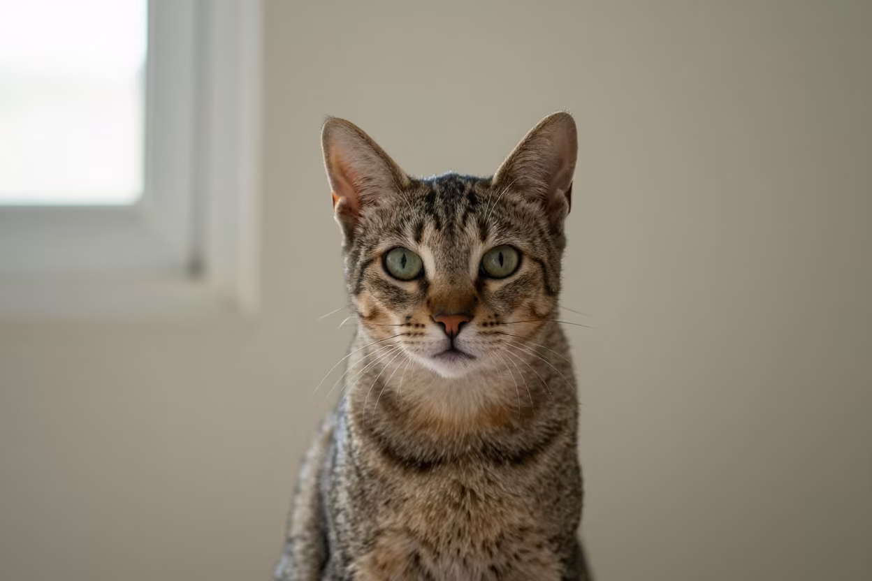 Ocicat Portrait Beside Plaster Wall in La Paz in beside a plain plaster wall in soft indoor light with the animal centered in frame in La Paz