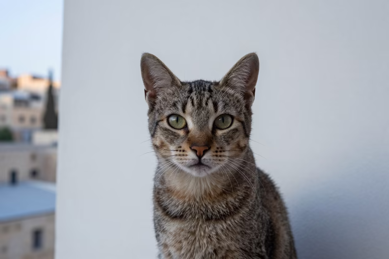 Ocicat Portrait in Old City Jerusalem Dawn Light in beside a plain plaster wall in soft indoor light with the animal centered in frame in Old City, Jerusalem