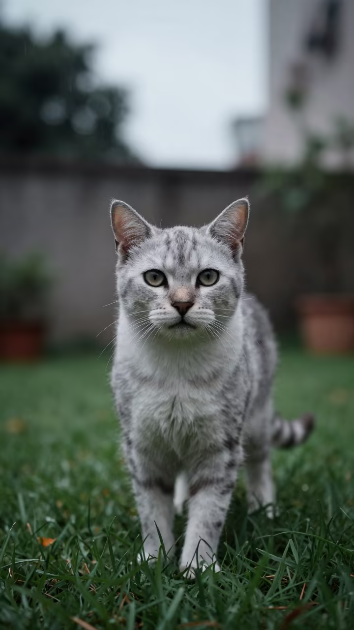 Ocicat Portrait in Rainy Season Light in in a small yard with clipped grass, calm light, and the animal centered in frame in Mysore