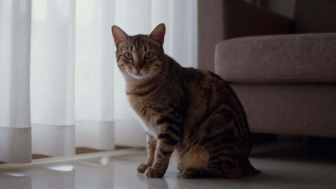 Ocicat Portrait on Sofa Near Window in Najaf in on a sofa near a curtained window with calm indoor light in Najaf