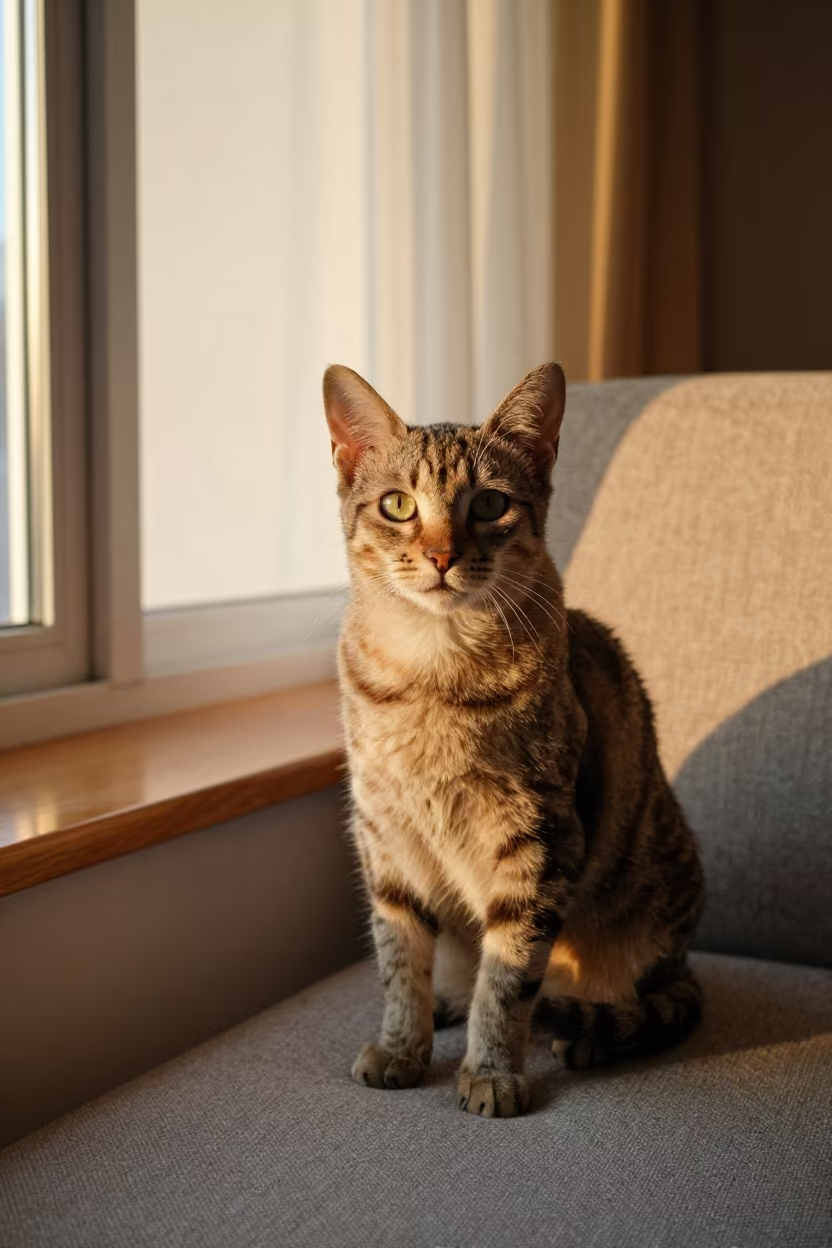 Ocicat Portrait on Sofa Near Window in on a sofa near a curtained window with calm indoor light in Kuala Lumpur