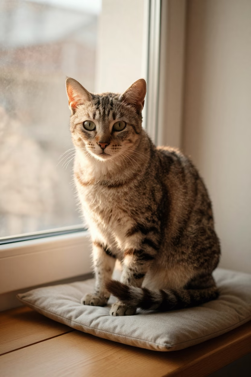 Ocicat Portrait on Window Seat in Bursa in on a cushioned window seat with soft side light and an uncluttered background in Bursa