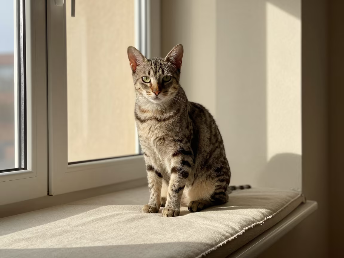 Ocicat Portrait on Window Seat in Leipzig Late Afternoon in on a cushioned window seat with soft side light and an uncluttered background in Leipzig