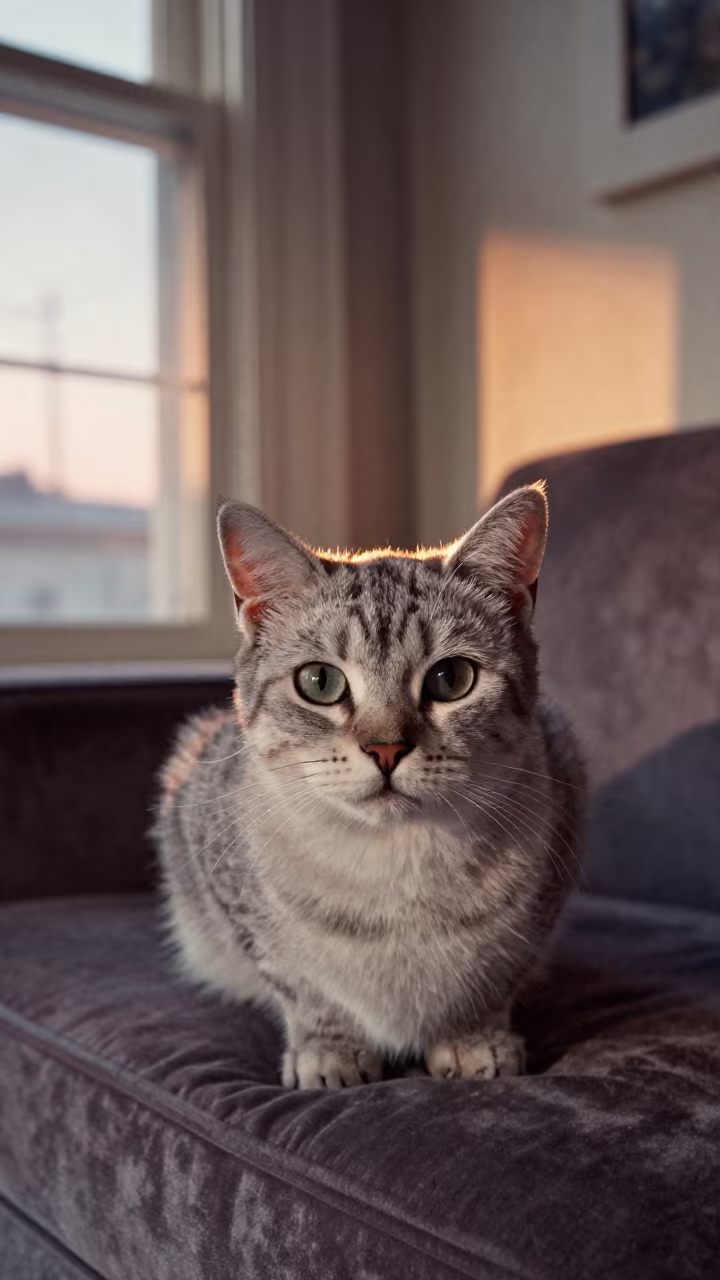 Ocicat Portrait Sunset New Orleans 1952 in on a sofa near a curtained window with calm indoor light in New Orleans