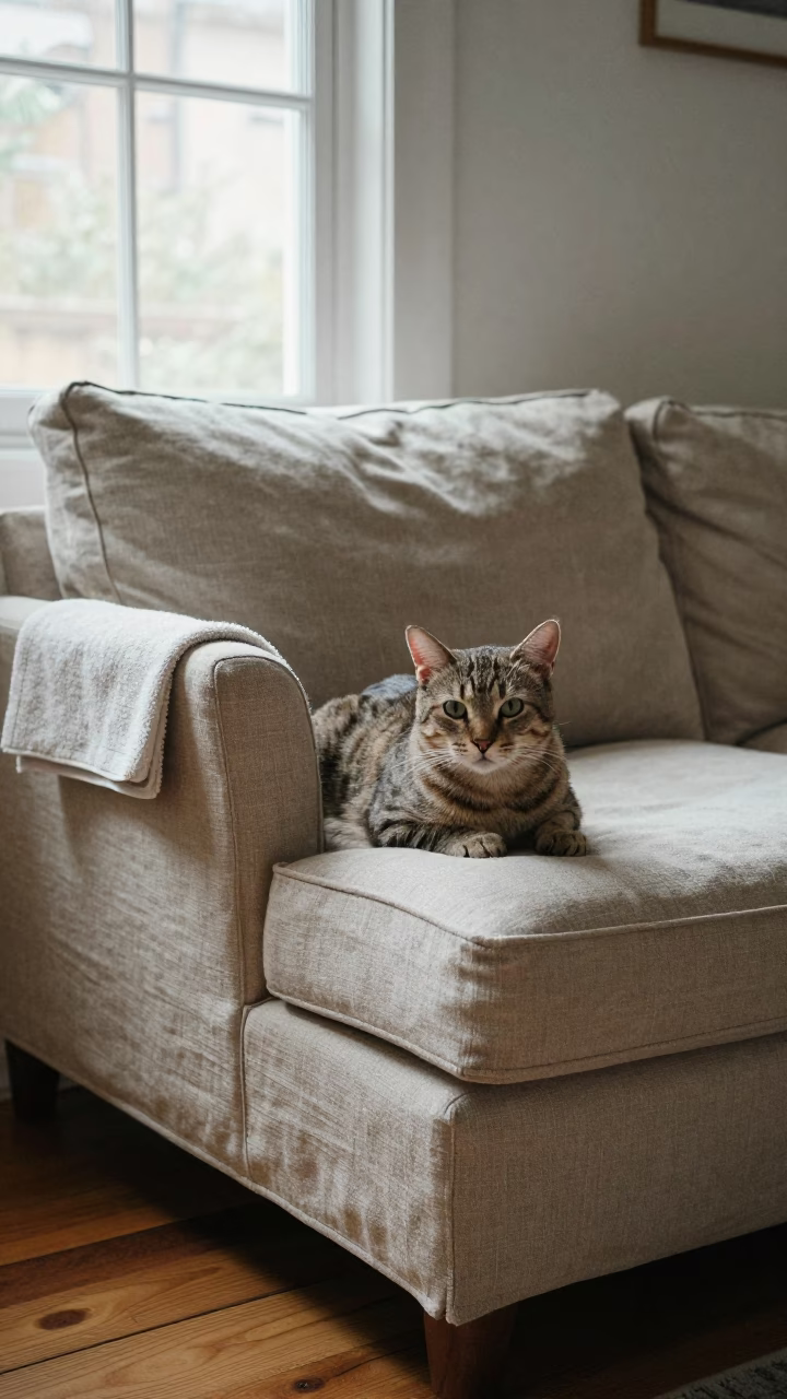 Ocicat with Distinct Coat on Linen Sofa in on a linen sofa with daylight from a nearby window in Meerut