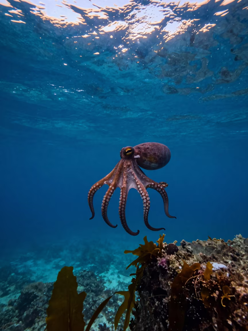 Octopus Above Kelp Edge Blue Hour Mombasa in above a cold-water reef edge in Mombasa